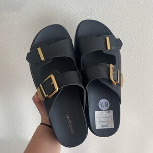 Black Platform Sandals with Gold Buckles Size 8.5